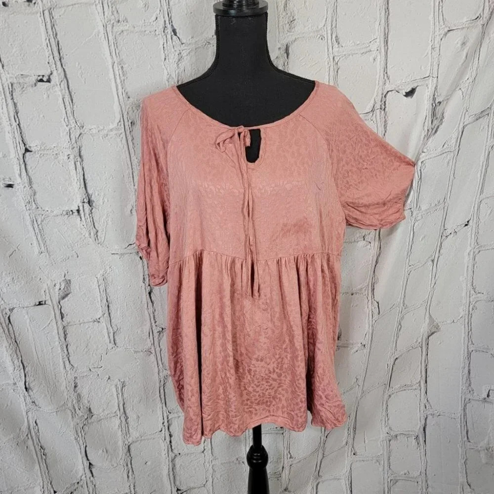 MAUVE Metallic Leopard Print Poet Sleeve Empire Waist Notched Tie Neck Blouse L